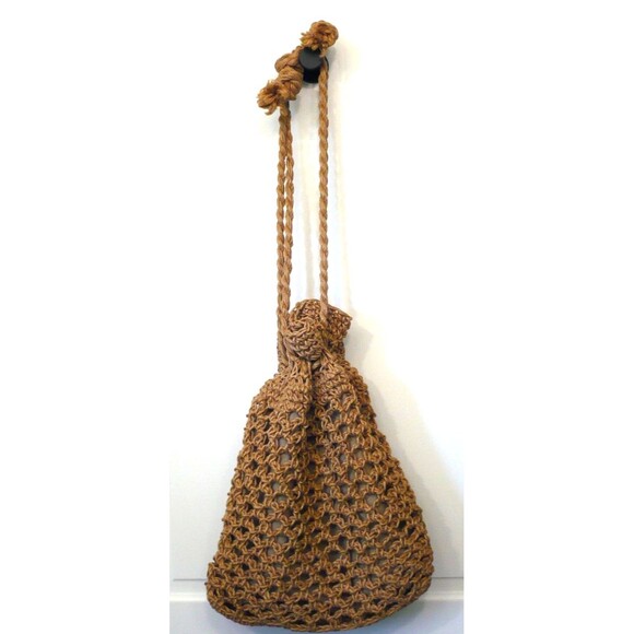 Vtg Woven Rope Crochet Bucket Beach Bag Tote Drawstring Handle Boho Hippie Fairy - Picture 1 of 12